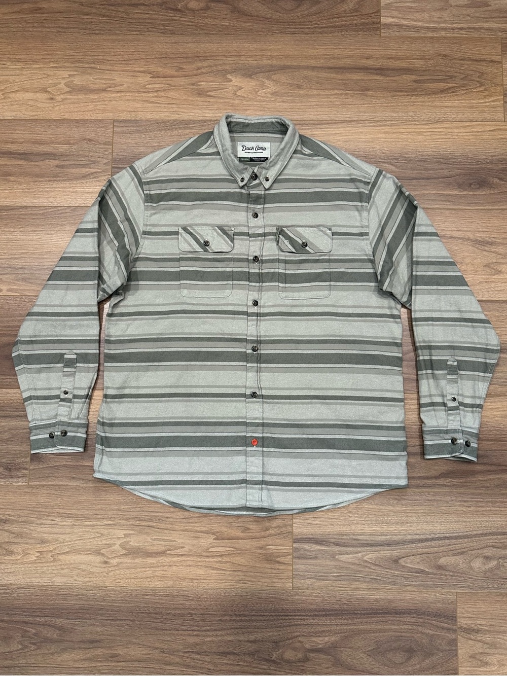 Duck Camp Camp Shirt Flannel in Grey/Green/Tan Stripes Size 2XL